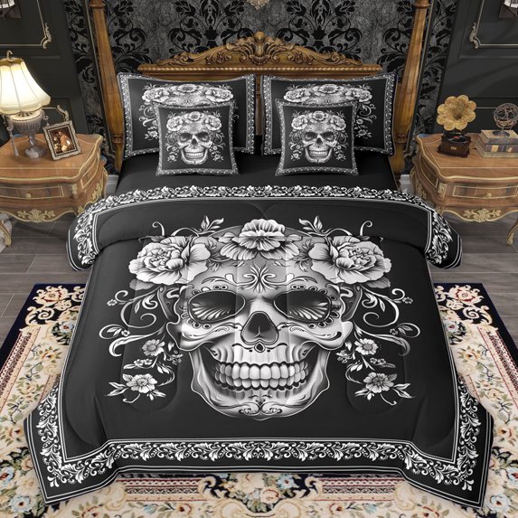 Homewish Gothic Skeleton Ekull 7-Piece Bedding Comforter Set,Retro Flower Floral King Bedding Sets,Victorian Print Bed Sheets For Kids,Super Cozy Room Decor Reversible
