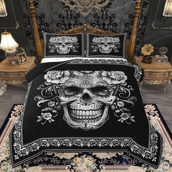 Homewish Gothic Skeleton Ekull Bedding Comforter Set,Retro Flower Floral Twin Comforter Sets,Victorian Print Bedding Set For Kids,Super Cozy Room Decor Reversible,2-Piece
