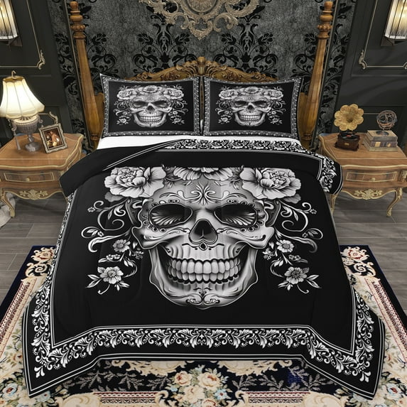 Homewish Gothic Skeleton Ekull Bedding Comforter Set,Retro Flower Floral Twin Comforter Sets,Victorian Print Bedding Set For Kids,Super Cozy Room Decor Reversible,2-Piece