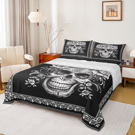 Homewish Gothic Skeleton Ekull Twin Sheet Sets,Retro Flower Floral Twin Fitted Sheet,Victorian Print Flat Sheet For Kids,Super Cozy Room Decor,3-Piece