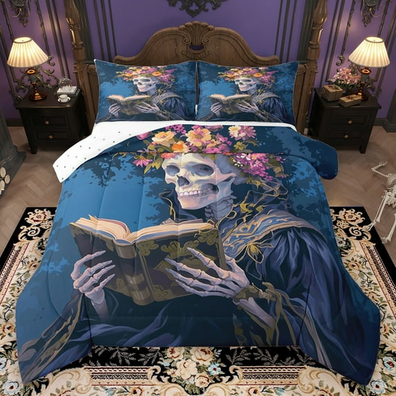 Homewish Gothic Skeleton Full Size Comforter Sets,Colorful Flower Wreath Bedding Comforter Set,Bohemain Style Bedding Sets For Men Women,Super Cozy Room Decor Reversible,3pcs