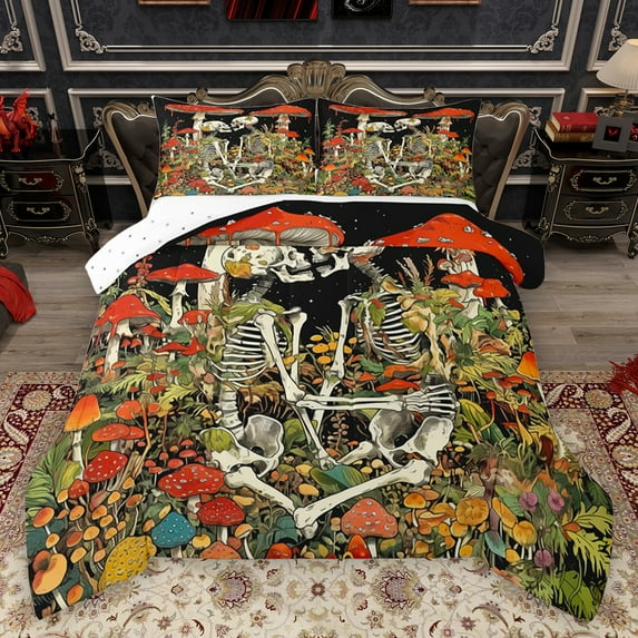 Homewish Gothic Skeleton Full Size Comforter Sets,Colorful Rustic Mushroom Bedding Comforter Set,,Happy Valentine'S Day Bedding Sets For Girls Boys,Ultra Soft Home Decor Reversible,3pcs