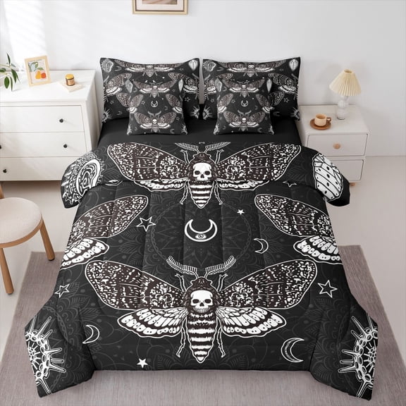 Homewish Gothic Skeleton Moth Bedding Comforter Set 7-Piece, Rustic Butterfly Animal King Bedding Sets, Bohemian Damask Flower Reversible Bed Sheets, Luxury Bedroom Decor