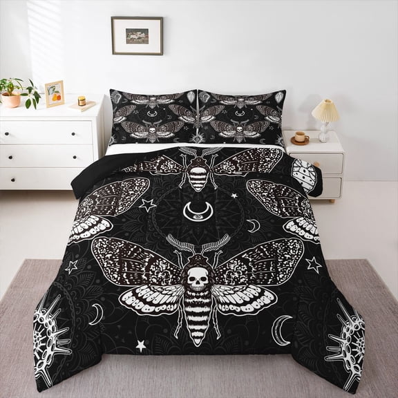 Homewish Gothic Skeleton Moth Queen Comforter Set, Rustic Butterfly Animal Bedding Sets, Bohemian Damask Flower Reversible Bedding Comforter Set, Luxury Bedroom Decor, 3 Pieces