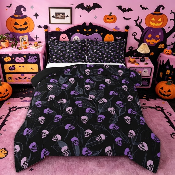 Homewish Gothic Skeleton Queen Comforter Set for Teens, Halloween Skull Graffiti Comforter Sets Queen, Black Reversible, 3-Piece, 1 Comforter and 2 Pillowcases