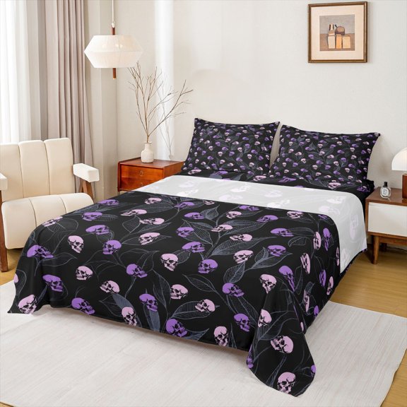 Homewish Gothic Skeleton Queen Sheets for Teens, Halloween Skull Graffiti Queen Sheet Sets, 4-Piece, 1 Flat Sheet, 1 Fitted Sheet and 2 Pillowcases