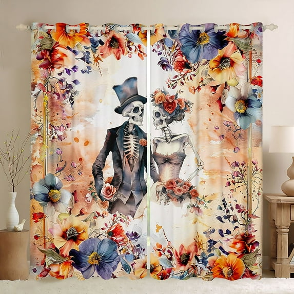 Homewish Gothic Skeleton Skull Black Out Curtains, Romantic Anniversary Curtains Pack of 2 (42x63 Each), Watercolor Groovy Floral Bedroom Curtains, Curtains and Drapes Bedroom Decor