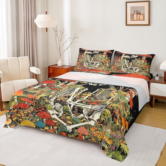 Homewish Gothic Skeleton Twin Sheet Sets,Colorful Rustic Mushroom Twin Fitted Sheet,,Happy Valentine'S Day Flat Sheet For Girls Boys,Ultra Soft Home Decor,3 Pieces
