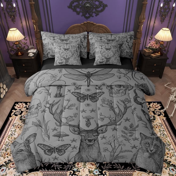Homewish Gothic Skull 7-Piece Bedding Comforter Set,Cute Deer Fox King Bedding Sets,Gray Black Bed Sheets For Adults,Super Cozy Room Decor Reversible