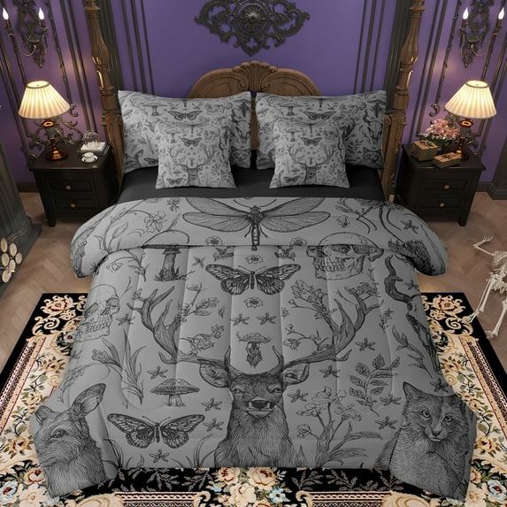 Homewish Gothic Skull 7-Piece Twin Bedding Sets,Cute Deer Fox Bedding Comforter Set,Gray Black Sheet Sets For Adults,Super Cozy Room Decor Reversible
