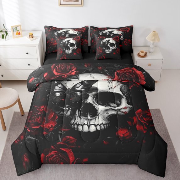 Homewish Gothic Skull 7-Piece Twin Bedding Sets For Female Men Adults,Red Rose Bedding Comforter Set,Chic Flowers Breathable Sheet Sets,Exotic Style Bedroom Decor,Reversible