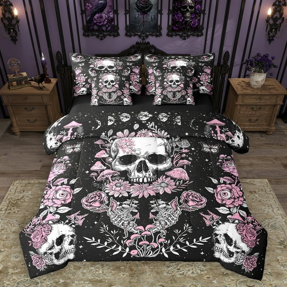 Homewish Gothic Skull 7-Piece Twin Bedding Sets,Pink Retro Flower Bedding Comforter Set,Galaxy Starry Night Sheet Sets For Girls Kids,Breathable Home Decor Reversible