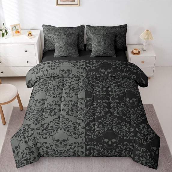 Homewish Gothic Skull 7pcs Queen Bedding,Victorian Damask Bedding Comforter Set Queen,Gray Black,Halloween Bed Set,Black Reversible