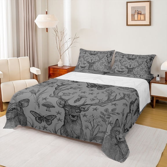 Homewish Gothic Skull Bed Sheets,Cute Deer Fox King Sheets,Gray Black Sheet Set For Adults,4-Piece