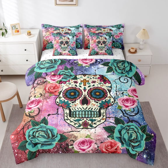 Homewish Gothic Skull Bedding Comforter Set 7-Piece for Female Men Adults,Abstract Floral Rose King Bedding Sets,Galaxy Universe Ultra Soft Bed Sheets,Lightweight Room Decor,Reversible