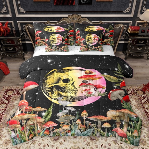 Homewish Gothic Skull Bedding Comforter Set 7-Piece for Female Men Women,Starry Sky King Bedding Sets,Botanical Red Mushroom Ultra Soft Bed Sheets,Microfiber Bedroom Decor,Reversible