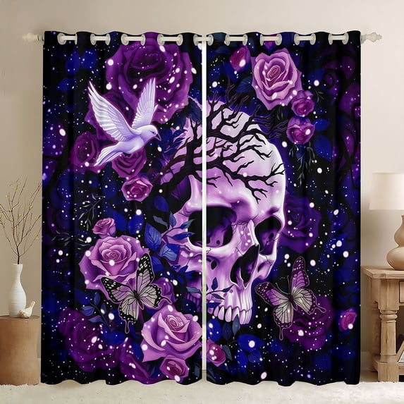 Homewish Gothic Skull Bird Kitchen Curtains,Romantic Purple Rose Flower Black Out Curtains Pack of 2 (42x63 Each),Halloween Living Room Curtains