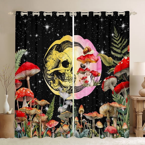 Homewish Gothic Skull Black Out Curtains for Female Men Women,Starry Sky Curtains Pack of 2 (42x63 Each),Botanical Red Mushroom Bedroom Curtains,Microfiber Bedroom Decor