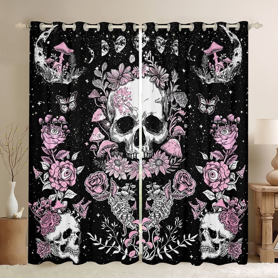 Homewish Gothic Skull Black Out Curtains,Pink Retro Flower Curtains Pack of 2 (42x63 Each),Galaxy Starry Night Bedroom Curtains For Girls Kids,Breathable Home Decor