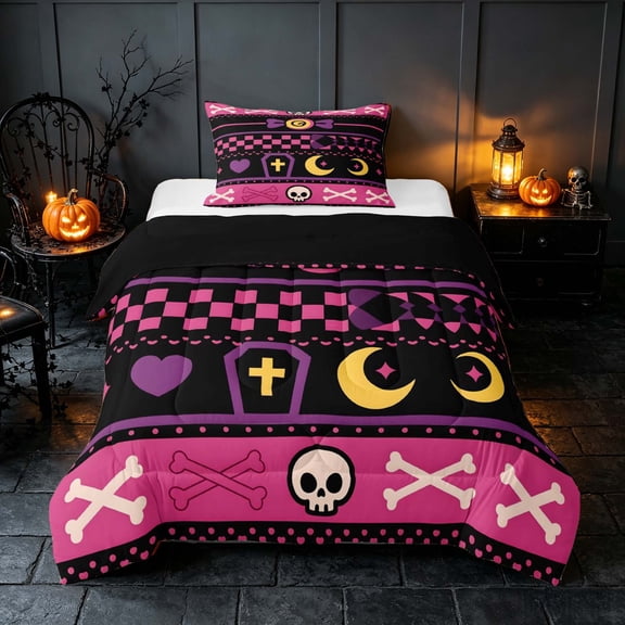 Homewish Gothic Skull Bone Twin Comforter Sets for Girls, Halloween Candy Moon Bedding Set, Pink Purple Black, Black Reversible, 2 Pieces 1 Comforter and 1 Pillowcase