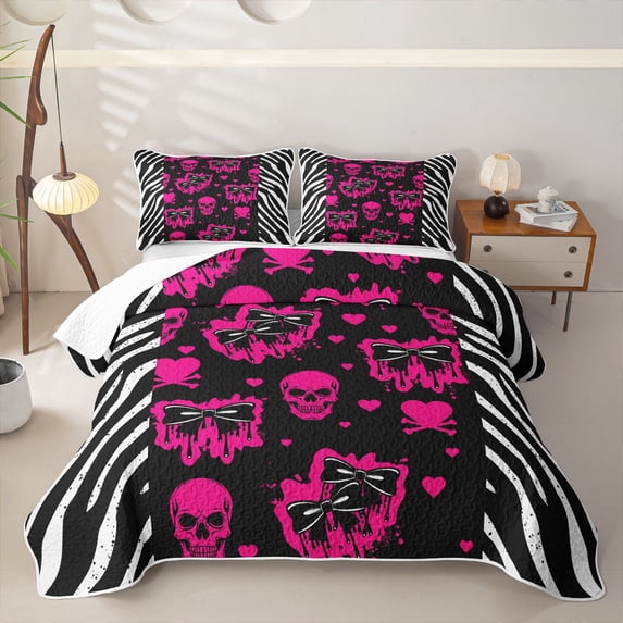 Homewish Gothic Skull Bowknot Quilt Full,Zebra Print Stripes Full Bedspread Sets,Happy Halloween Duvet,3pcs