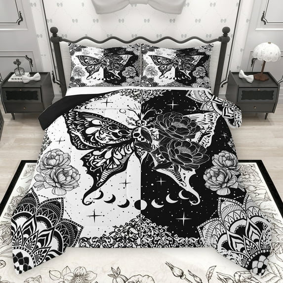 Homewish Gothic Skull Butterfly Queen Comforter Set,Boho Bohemain Print Bedding Sets,White Black Gray Bedding Comforter Set For Girls Teens,Luxury Bedroom Decor Reversible,3pcs