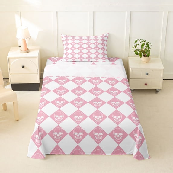 Homewish Gothic Skull Checkered Twin Sheets,Halloween Themed Bedding,Pink White,3pcs,1 Fitted Sheet and 1 Pillowcase