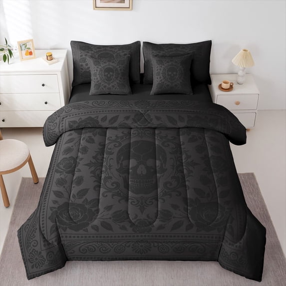 Homewish Gothic Skull Damask 7 Pieces Full Size Bedding Sets,Spooky Halloween Full Size Bed in a Bag,Dark Gray,Black Reversible