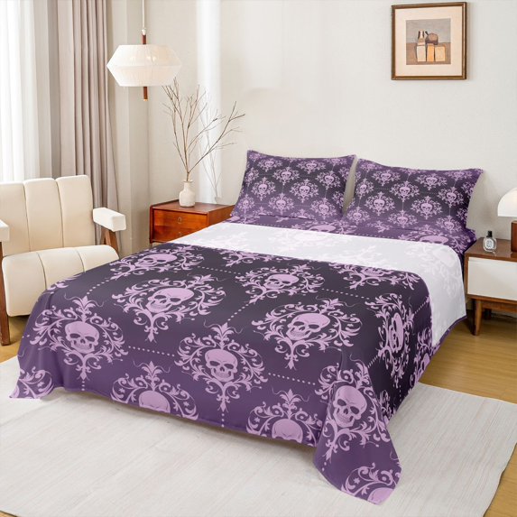 Homewish Gothic Skull Damask Bed Sheets,Halloween Full Size Sheets,Purple,4-Piece,1 Flat Sheet, 1 Fitted Sheet and 2 Pillowcases