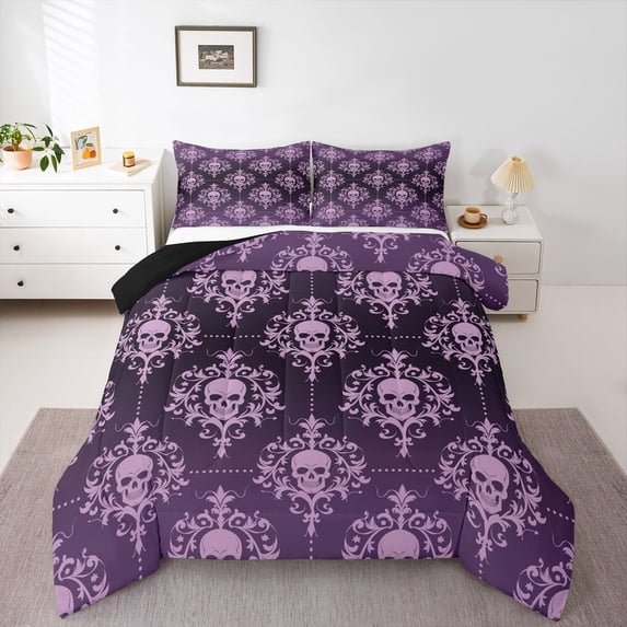 Homewish Gothic Skull Damask Full Size Comforter Sets,Halloween Bedding Comforter Set,Purple,Black Reversible,3-Piece,1 Comforter and 2 Pillowcases