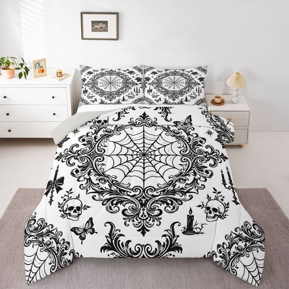 Homewish Gothic Skull Full Size Comforter Sets,Boho Damask Flowers Bedding Comforter Set,White Black,Halloween Duvet,Light Gray Reversible,3 Pieces,1 Comforter and 2 Pillowcases