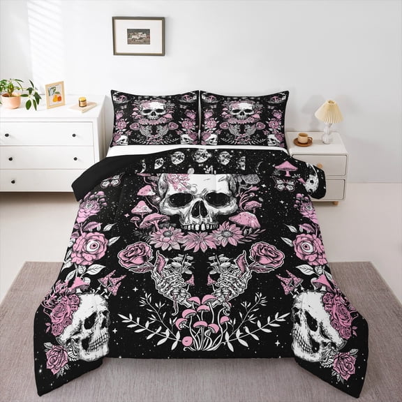 Homewish Gothic Skull Full Size Comforter Sets,Pink Retro Flower Bedding Comforter Set,Galaxy Starry Night Bedding Sets For Girls Kids,Breathable Home Decor Reversible,3pcs