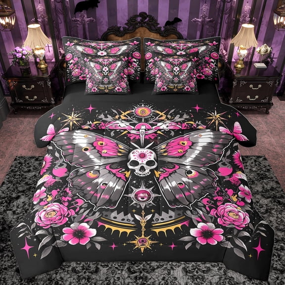 Homewish Gothic Skull Moth 7-Piece Twin Bedding Sets,Retro Rustic Flower Bedding Comforter Set,Pink Black Sheet Sets For Girls Kids,Luxury Bedroom Decor Reversible