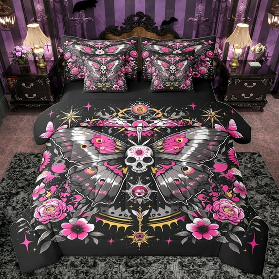 Homewish Gothic Skull Moth 7-Piece Twin Bedding Sets,Retro Rustic Flower Bedding Comforter Set,Pink Black Sheet Sets For Girls Kids,Luxury Bedroom Decor Reversible
