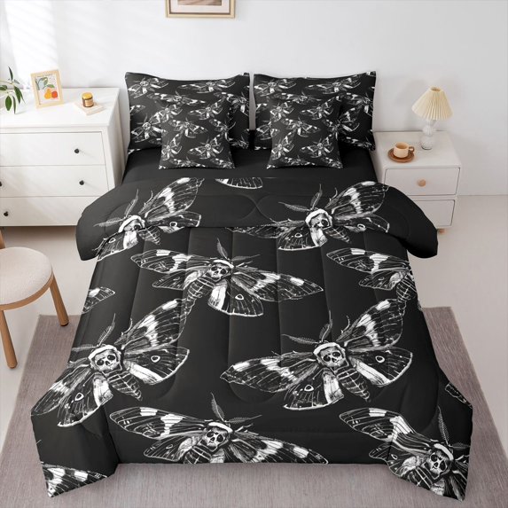 Homewish Gothic Skull Moth 7-Piece Twin Bedding,Spooky Halloween Bedding Comforter Set,White Black,Black Reversible