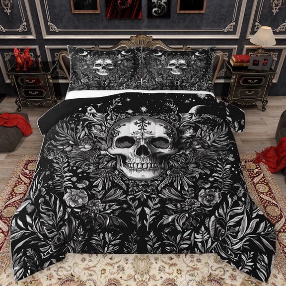 Homewish Gothic Skull Moth Bedding Comforter Set,Retro Rustic Flower Twin Comforter Sets,Damask Print Bedding Set For Girls Kids,Luxury Bedroom Decor Reversible,2pcs