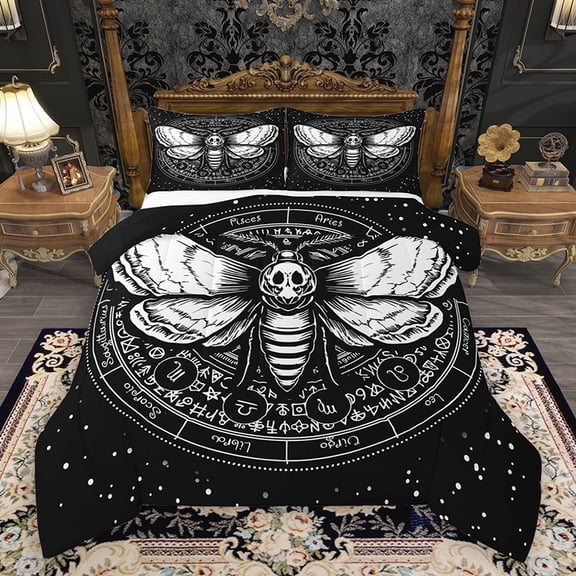 Homewish Gothic Skull Moth Bedding Comforter Set, Western Bohemian Animal Twin Comforter Sets, Mystic Astrology Reversible Bedding Set, Breathable Home Decor, 2 Pieces