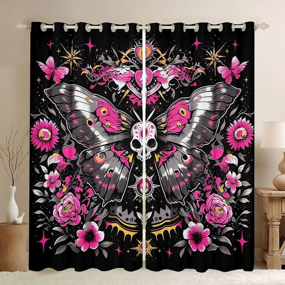 Homewish Gothic Skull Moth Black Out Curtains,Retro Rustic Flower Curtains Pack of 2 (42x63 Each),Pink Black Bedroom Curtains For Girls Kids,Luxury Bedroom Decor