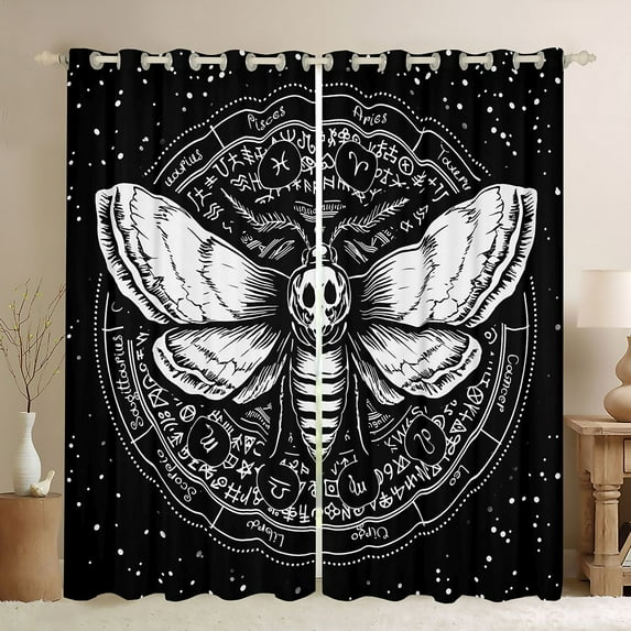 Homewish Gothic Skull Moth Curtains Pack of 2 (42x84 Each), Western Bohemian Animal Curtains Blackout, Mystic Astrology Bedroom Curtains, Blackout Curtains Home Decor