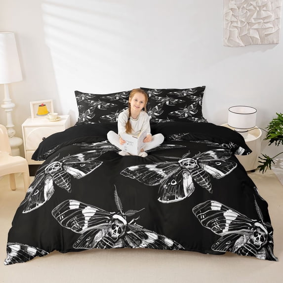 Homewish Gothic Skull Moth Duvet Cover Queen,Spooky Halloween Queen Bedding,White Black,Black Reversible,3 Pieces,1 Duvet Cover and 2 Pillowcases