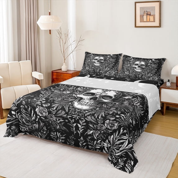 Homewish Gothic Skull Moth Full Size Sheets,Retro Rustic Flower Bed Sheets,Damask Print Sheet Sets For Girls Kids,Luxury Bedroom Decor,4-Piece