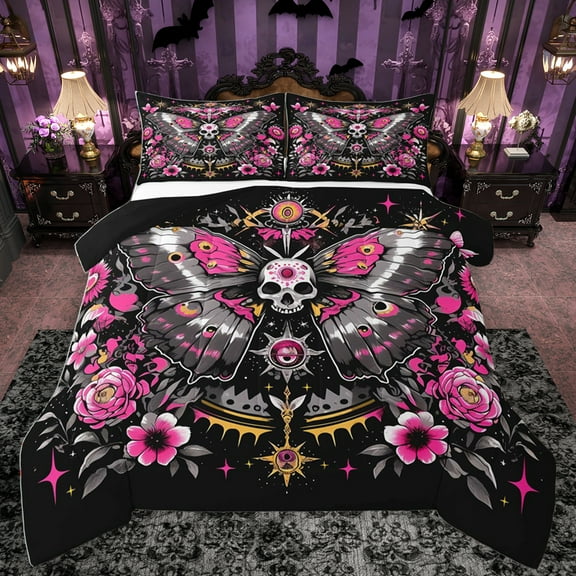 Homewish Gothic Skull Moth Queen Comforter Set,Retro Rustic Flower Bedding Sets,Pink Black Bedding Comforter Set For Girls Kids,Luxury Bedroom Decor Reversible,3pcs