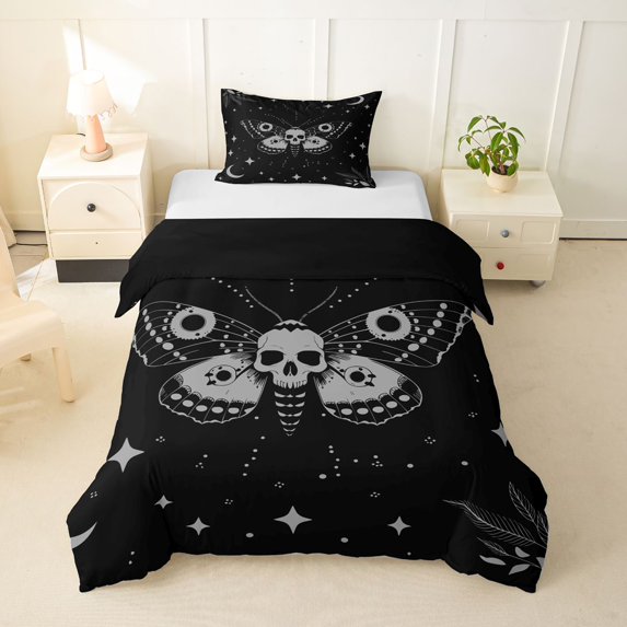 Homewish Gothic Skull Moth Twin Duvet Cover for Women, Star Moon Botanical Aesthetic Twin Bedding, Black Reversible, 2 Pieces, 1 Duvet Cover and 1 Pillowcase