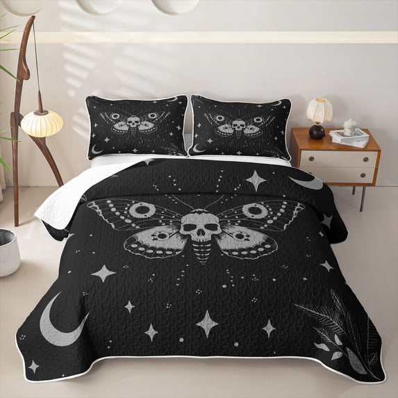 Homewish Gothic Skull Moth Twin Quilt Set for Women, Star Moon Botanical Aesthetic Twin Coverlet Set, 2 Pieces