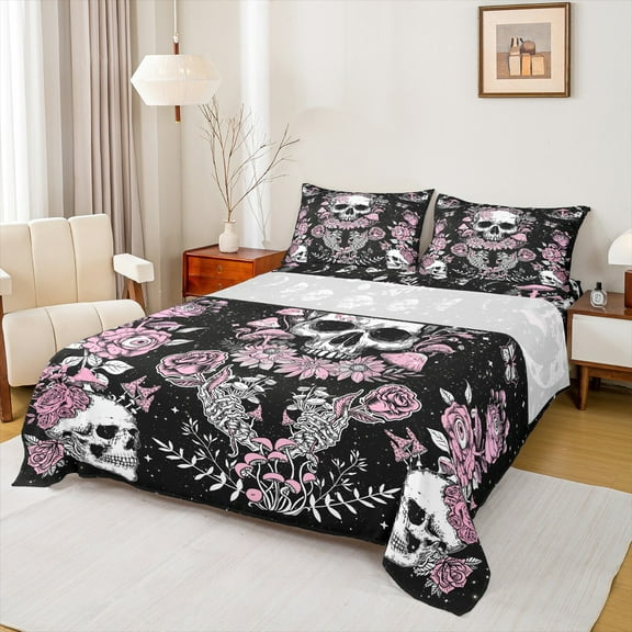 Homewish Gothic Skull Queen Sheet Sets,Pink Retro Flower Flat Sheet,Galaxy Starry Night Queen Fitted Sheet For Girls Kids,Breathable Home Decor,4-Piece