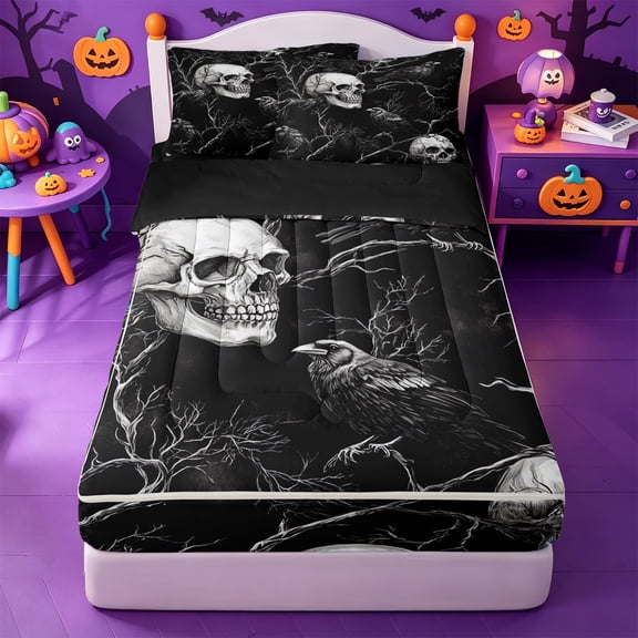 Homewish Gothic Skull Raven Halloween Zipper Queen Comforter Set with Fitted Sheet and 2 Pillowcases,Spooky Tree Horror Zipper Bedding Set For Adults,Black Reversible,4pcs