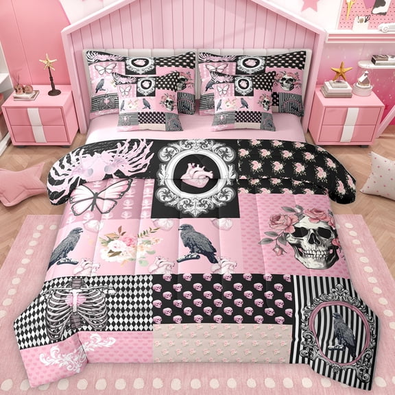 Homewish Gothic Skull Skeleton 7-Piece Bedding Comforter Set,Victorian Flower King Bedding Sets,Country Floral Bed Sheets For Teens,Super Cozy Room Decor Reversible
