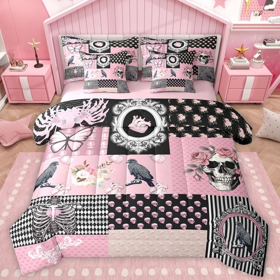 Homewish Gothic Skull Skeleton 7-Piece Twin Bedding Sets,Victorian Flower Bedding Comforter Set,Country Floral Sheet Sets For Teens,Super Cozy Room Decor Reversible