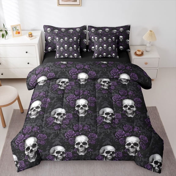 Homewish Gothic Skull Skeleton 7-Piece Twin Bedding,Vintage Purple Floral Bedding Comforter Set,Halloween Bed Set,Black Reversible