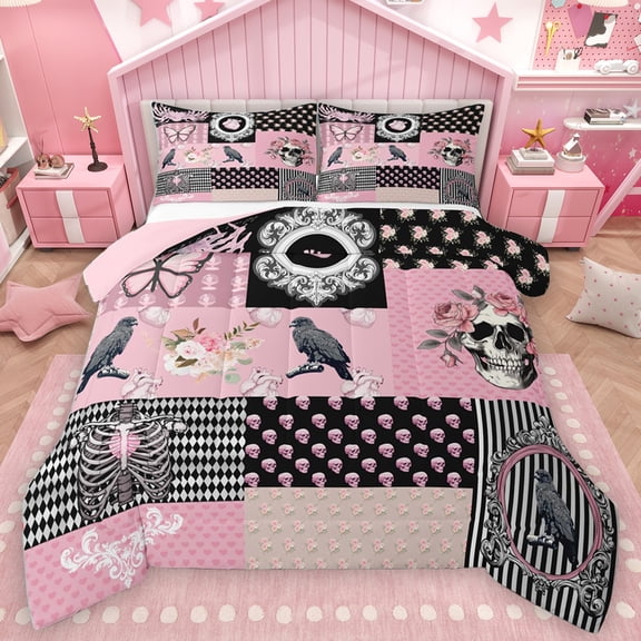 Homewish Gothic Skull Skeleton Bedding Comforter Set,Victorian Flower Twin Comforter Sets,Country Floral Bedding Set For Teens,Super Cozy Room Decor Reversible,2 Pieces